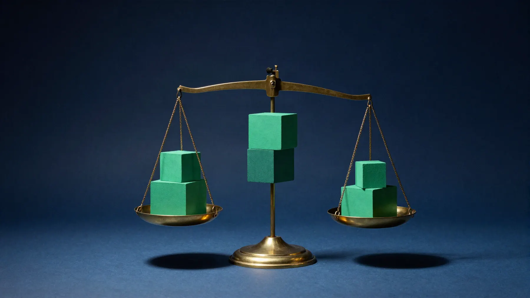 A brass balance scale holding green blocks of unequal size on a navy backdrop.