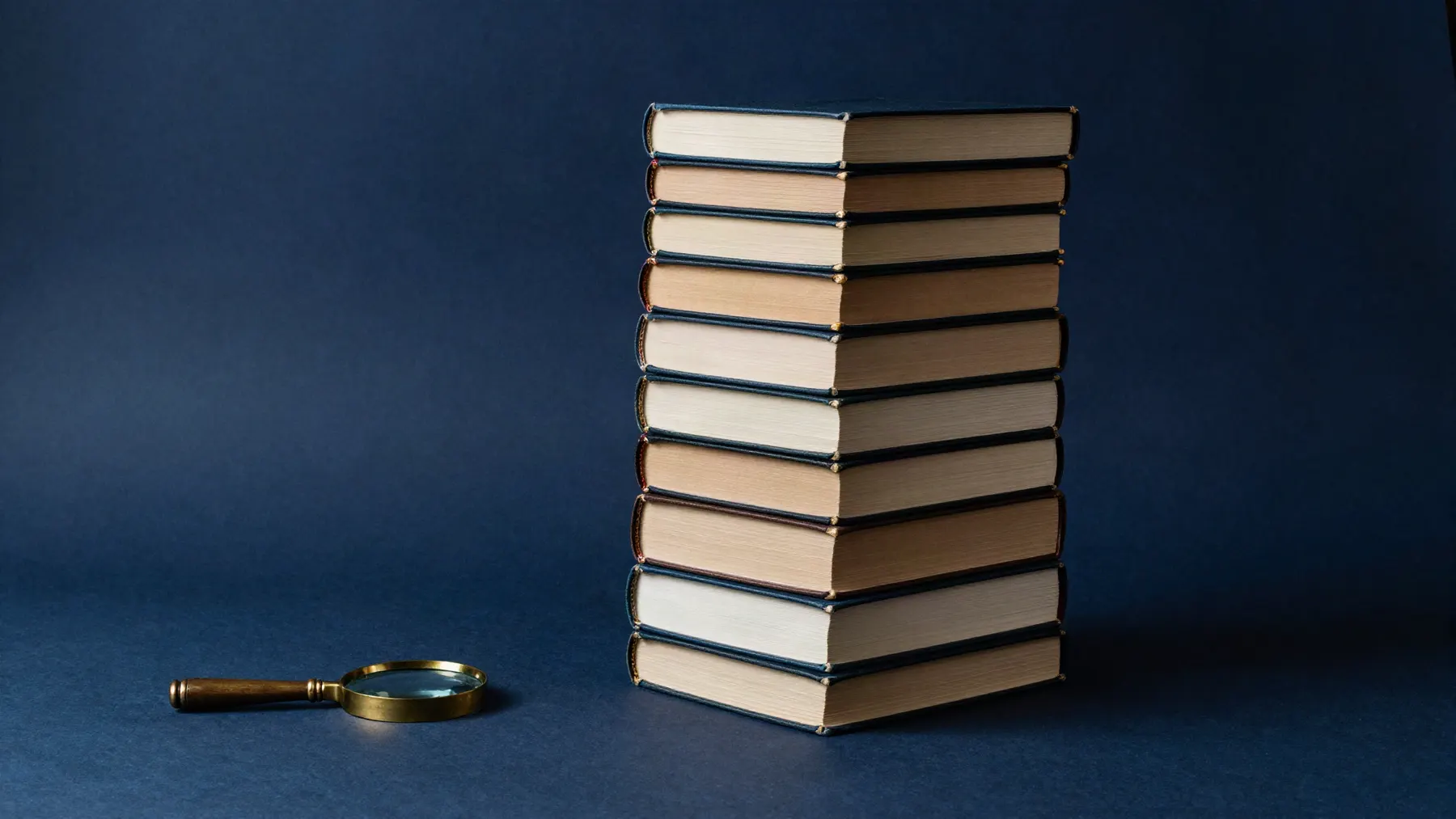 A tall stack of expensive hardcover books beside one small brass magnifying glass on a navy backdrop.