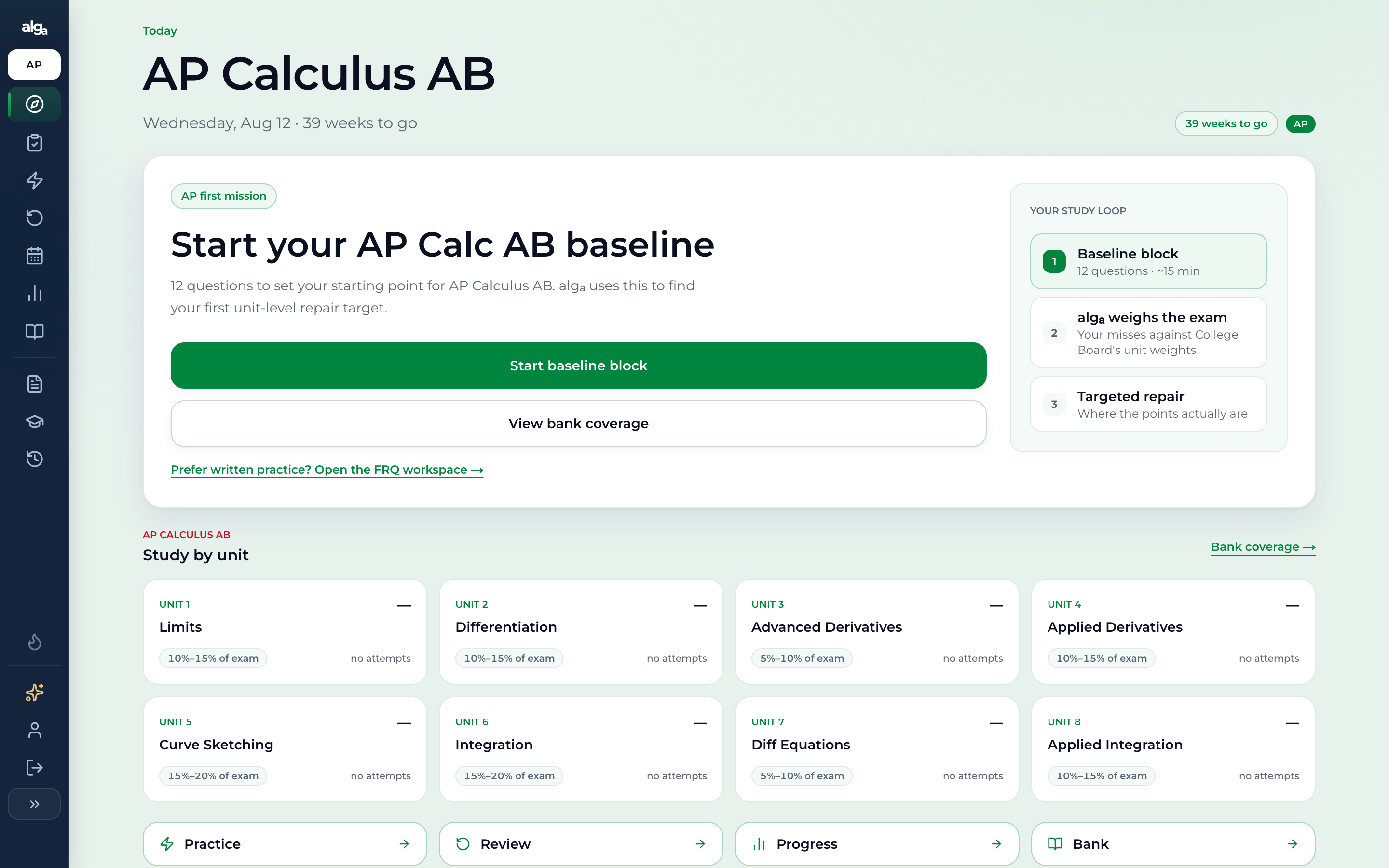 Units ranked by what they cost on the real paper, each showing College Board's own published weight. Screenshot of the algₐ /ap/today screen.