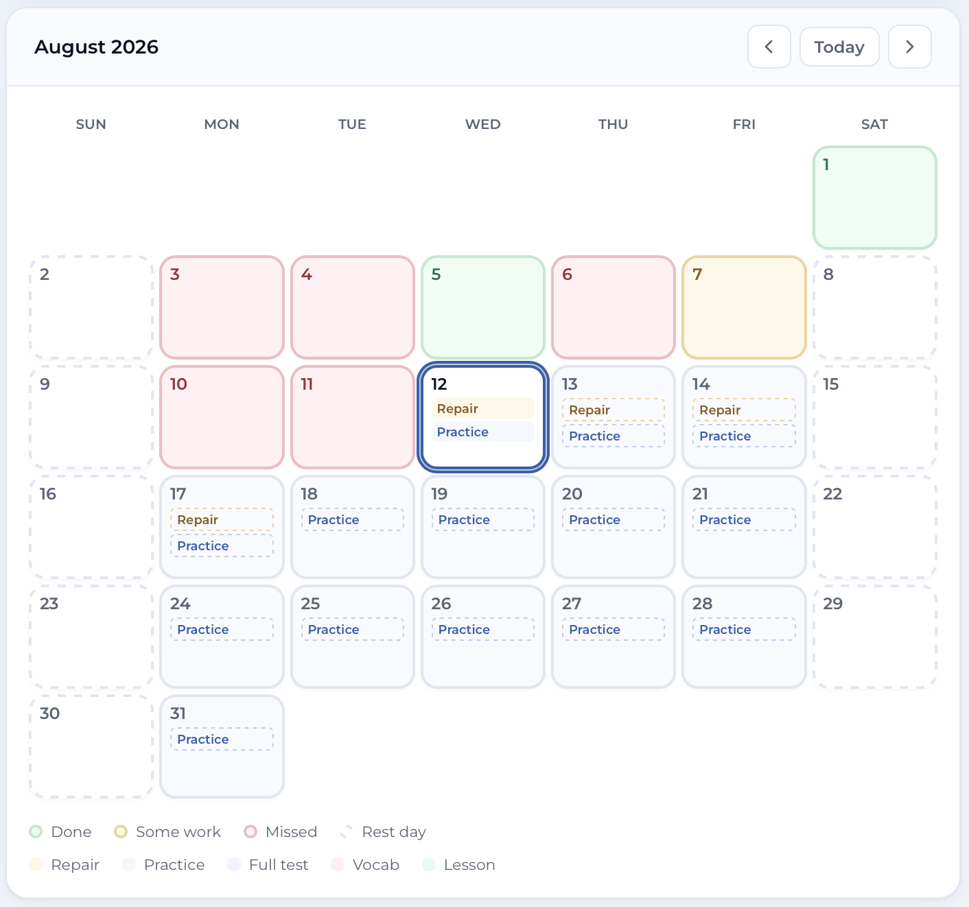 Short lessons, wired to the skills your own answers say are weak. Screenshot of the algₐ /lessons screen.