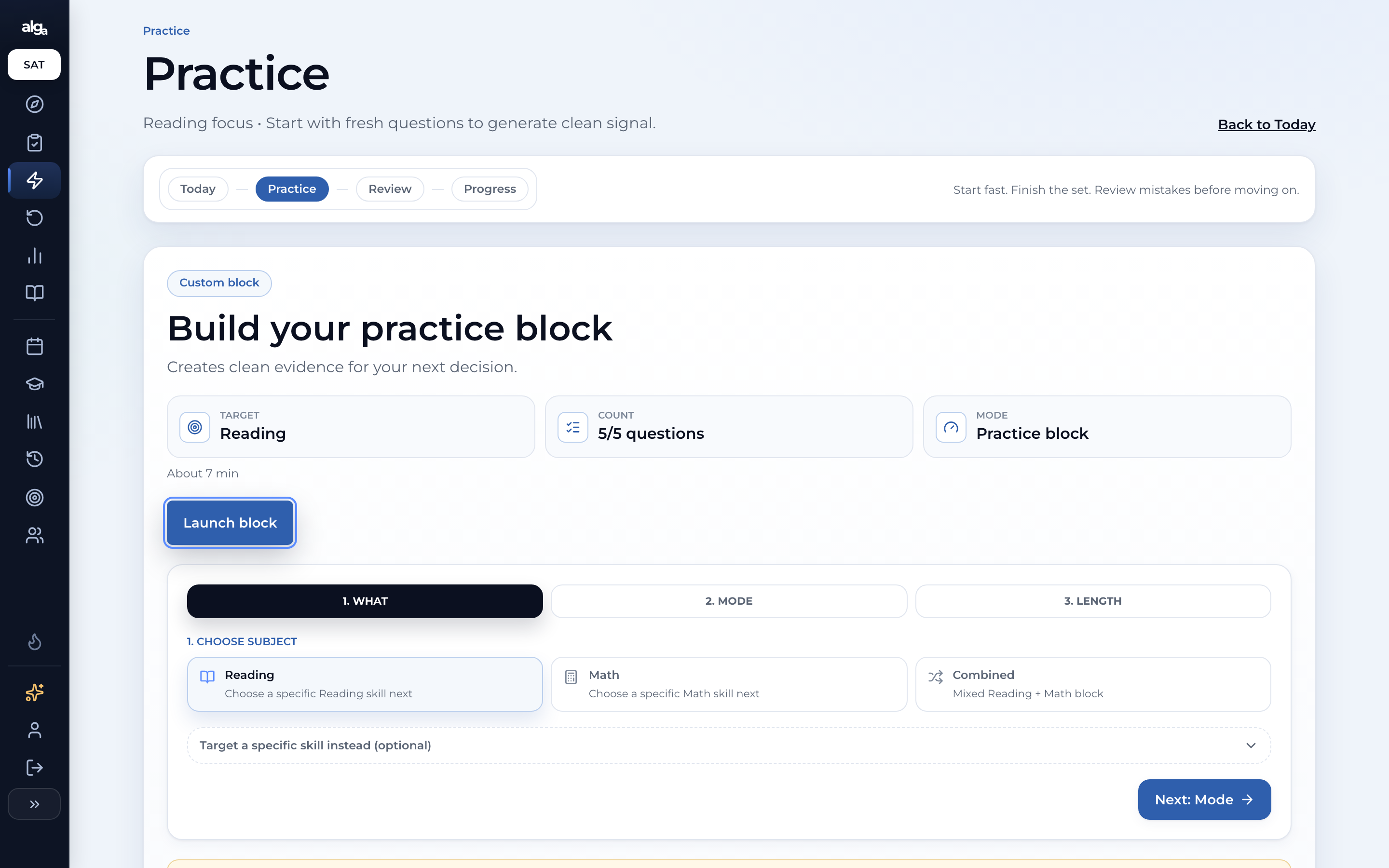 A question as it is actually presented — passage split from the ask. Screenshot of the algₐ /practice screen.