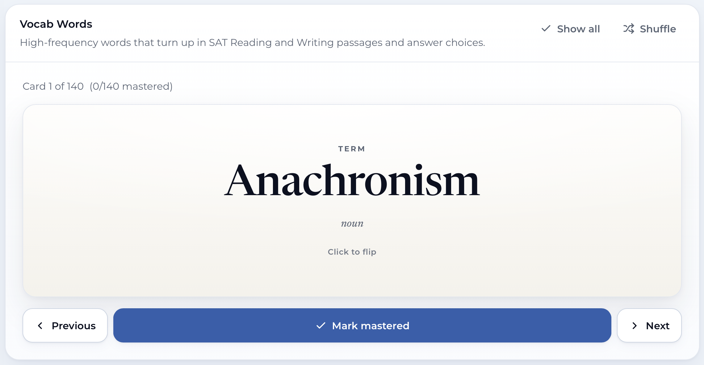 Vocabulary as recall — the definition stays hidden until you commit to an answer. Screenshot of the algₐ /vocab screen.